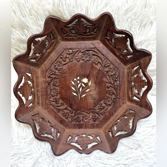 BOHO Indian carved inlay teak wood trey-Loving Coastal Living hand carved 1940. - Picture 7 of 7